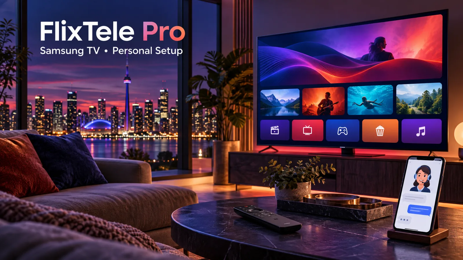 FlixTele Pro Samsung TV personal setup illustration with entertainment tiles, remote and support chat