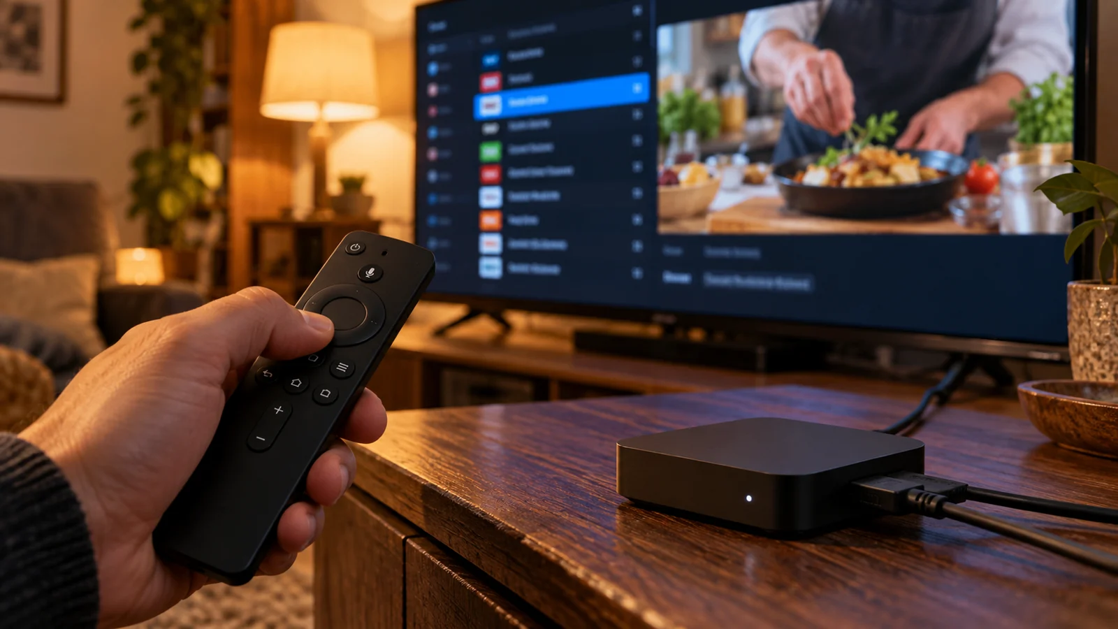 Android TV remote and connected streaming device beside a television showing a generic IPTV guide